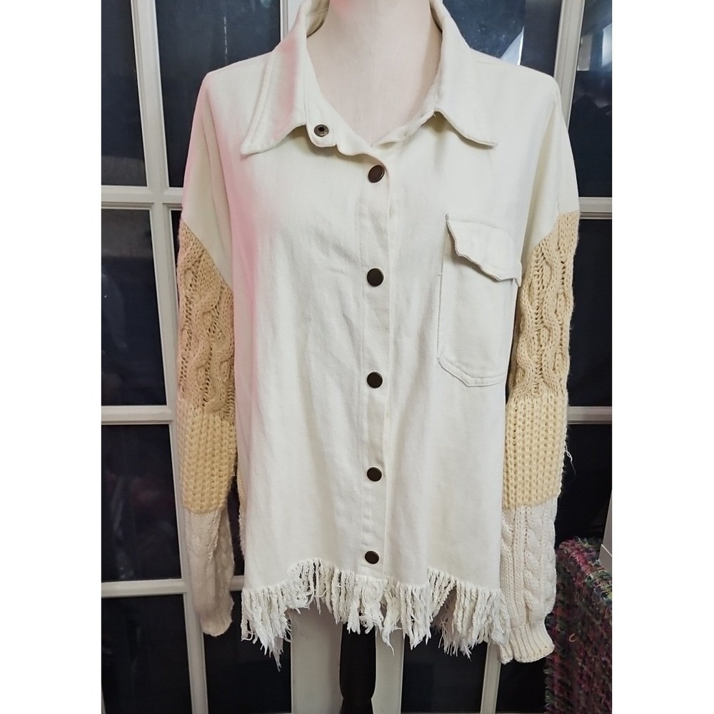 Umgee Boho Fringed Cable-Knit Shacket Sweater Sz L Cream Beige Oversized #333
